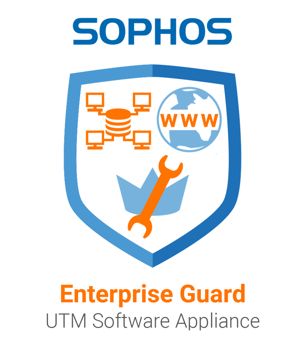 Sophos Enterprise Guard UTM Software Appliance Vorschaubild bestehend aus einem blauen Schild, indem sich ein orangener Schraubenschlüssel, WWW und ein Computernetz befinden